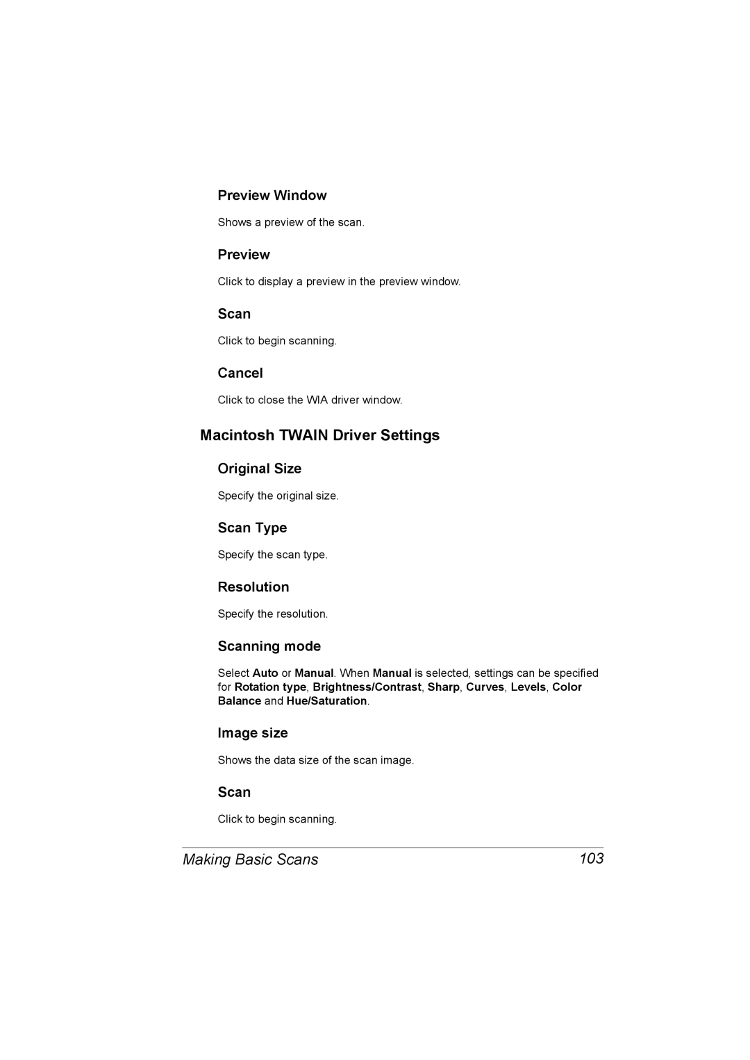 Konica Minolta C10 manual Macintosh Twain Driver Settings, Making Basic Scans 103, Preview 