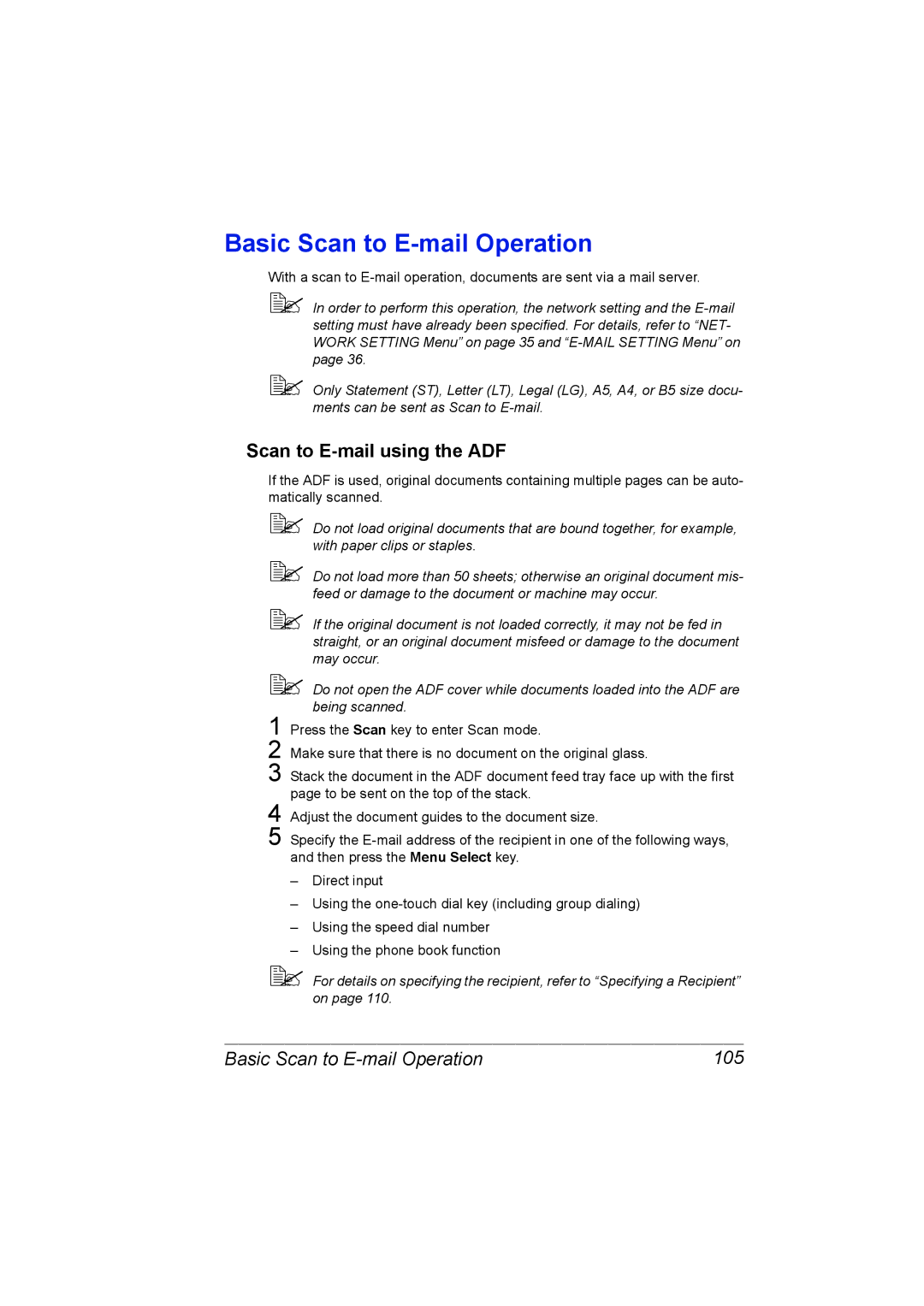 Konica Minolta C10 manual Scan to E-mail using the ADF, Basic Scan to E-mail Operation 105 