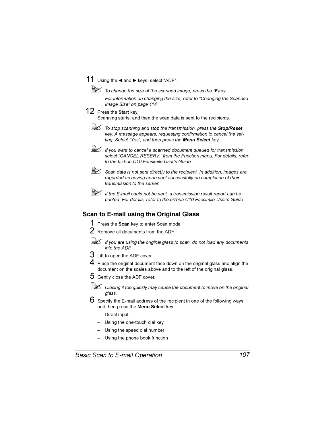 Konica Minolta C10 manual Scan to E-mail using the Original Glass, Basic Scan to E-mail Operation 107 