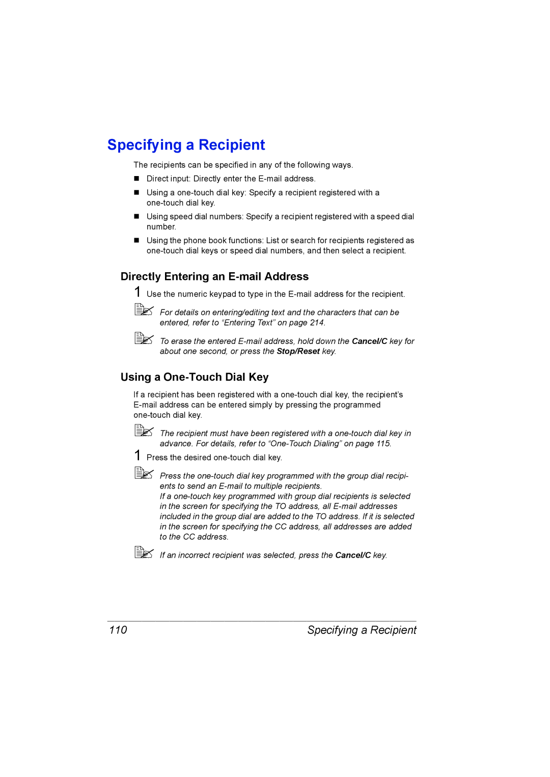 Konica Minolta C10 manual Specifying a Recipient, Directly Entering an E-mail Address, Using a One-Touch Dial Key, 110 