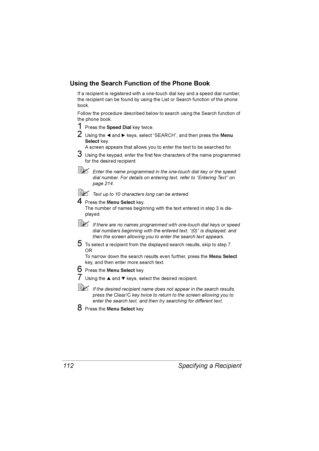 Konica Minolta C10 manual Using the Search Function of the Phone Book, 112 