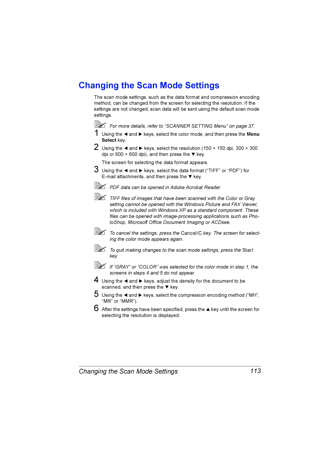 Konica Minolta C10 manual Changing the Scan Mode Settings 113 