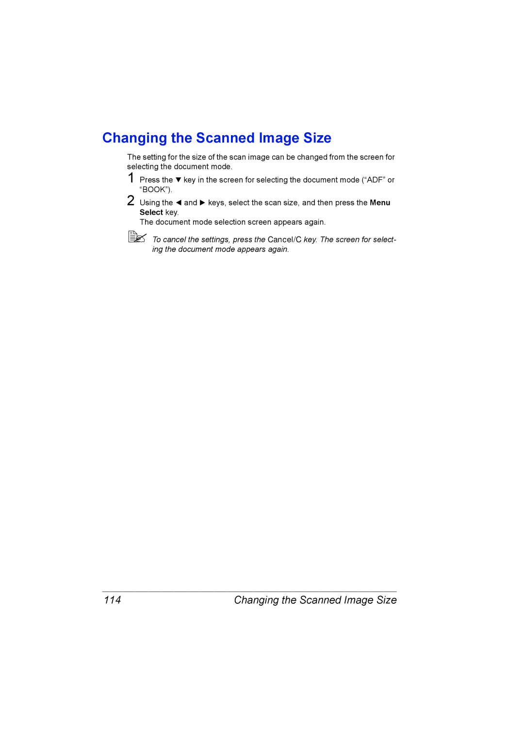 Konica Minolta C10 manual Changing the Scanned Image Size, 114 