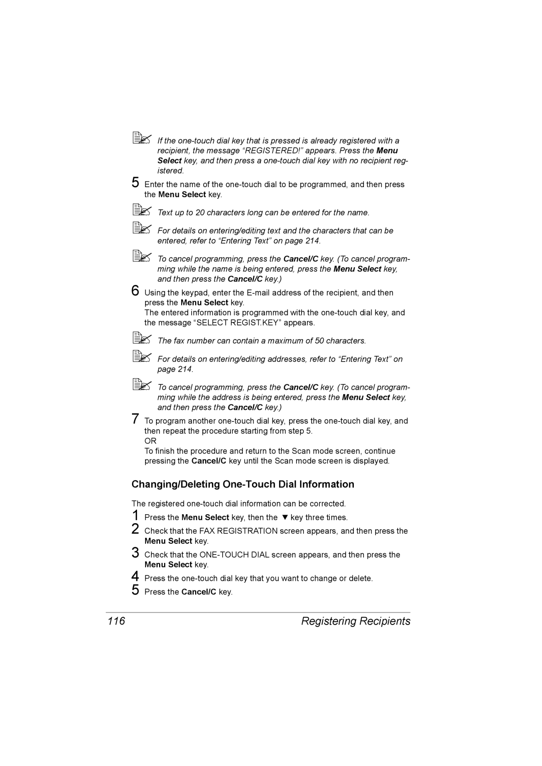 Konica Minolta C10 manual 116, Changing/Deleting One-Touch Dial Information 