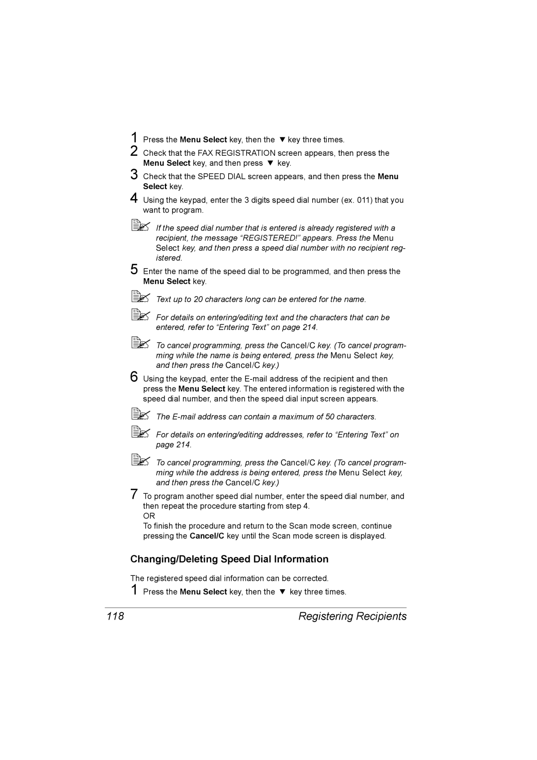 Konica Minolta C10 manual 118, Changing/Deleting Speed Dial Information 