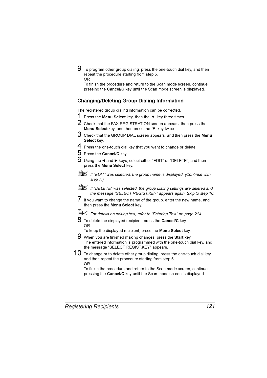 Konica Minolta C10 manual Registering Recipients 121, Changing/Deleting Group Dialing Information 