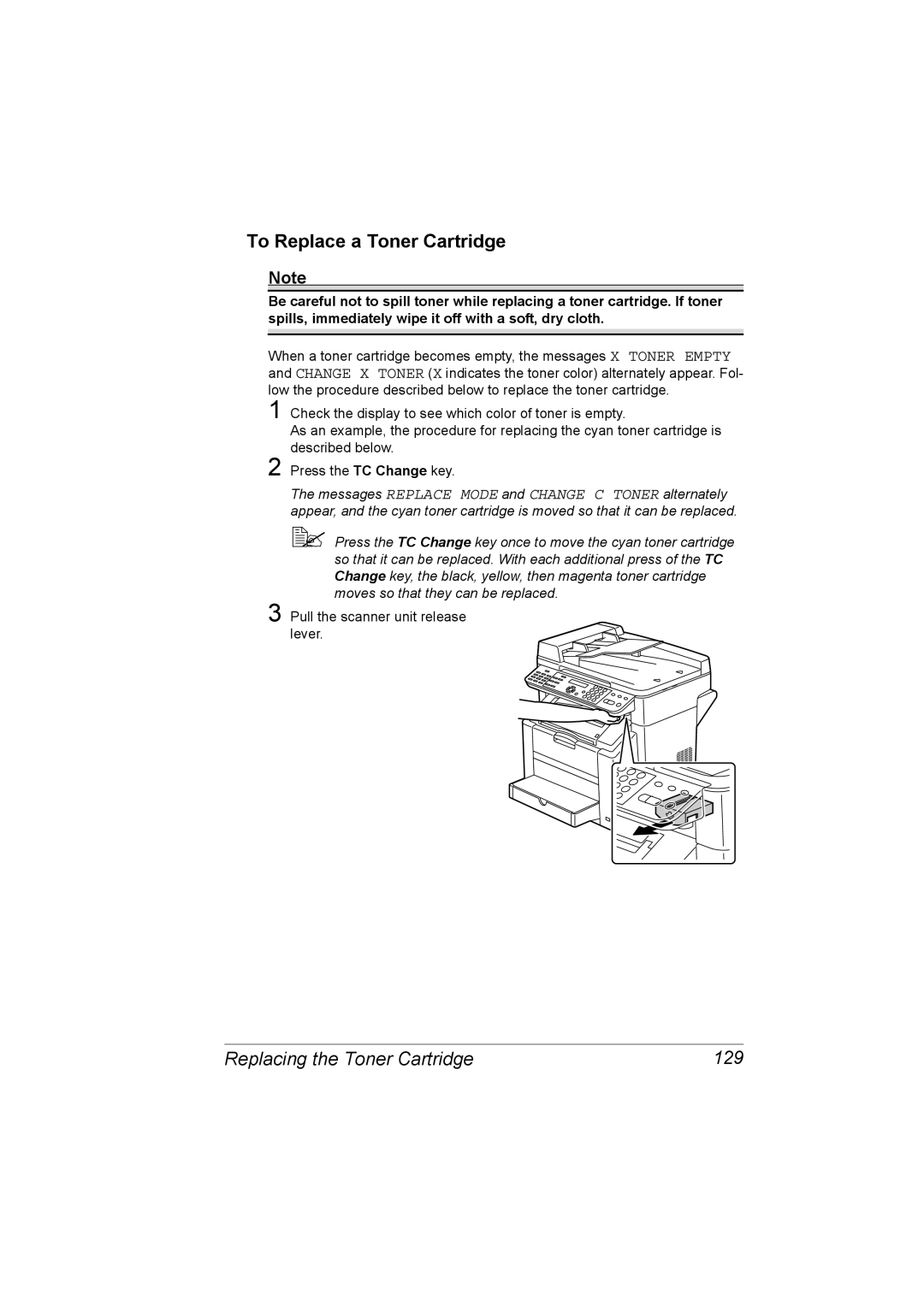 Konica Minolta C10 manual To Replace a Toner Cartridge, Replacing the Toner Cartridge 129 