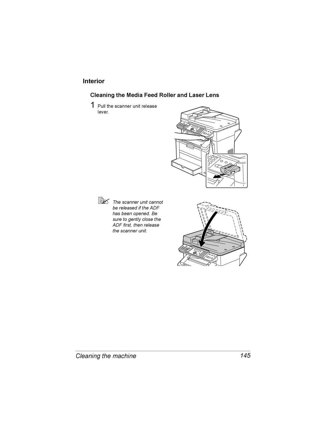 Konica Minolta C10 manual Interior, Cleaning the machine 145, Cleaning the Media Feed Roller and Laser Lens 