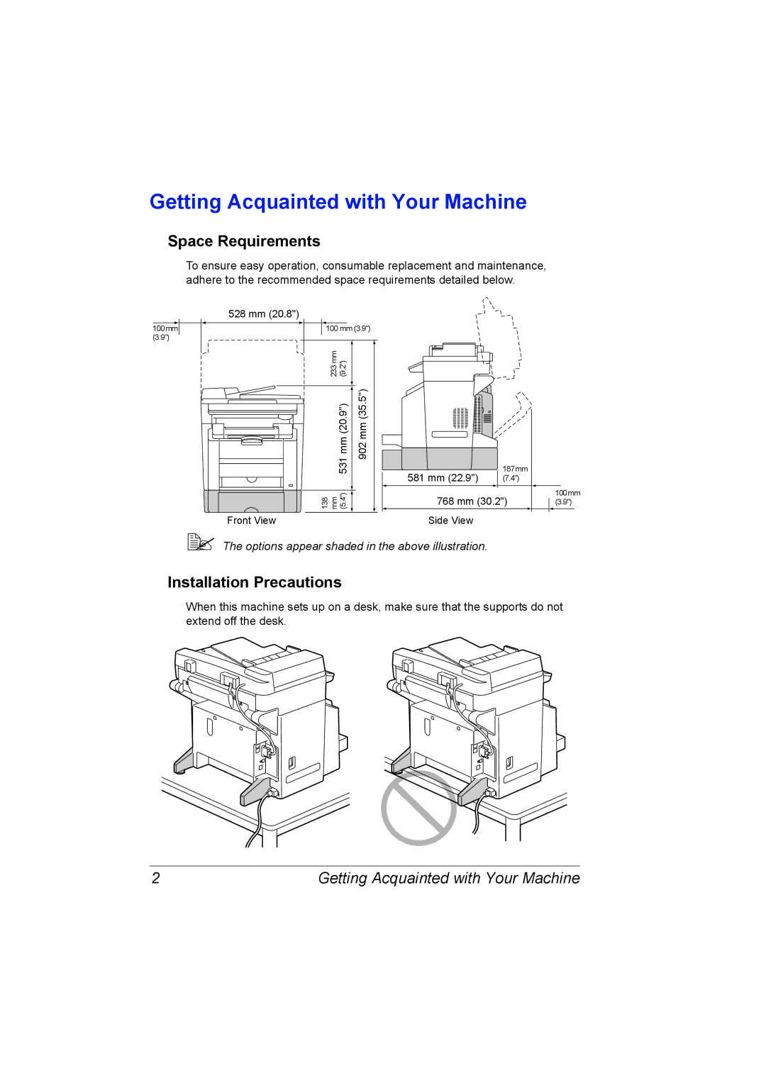 Konica Minolta C10 manual Getting Acquainted with Your Machine, Space Requirements, Installation Precautions 