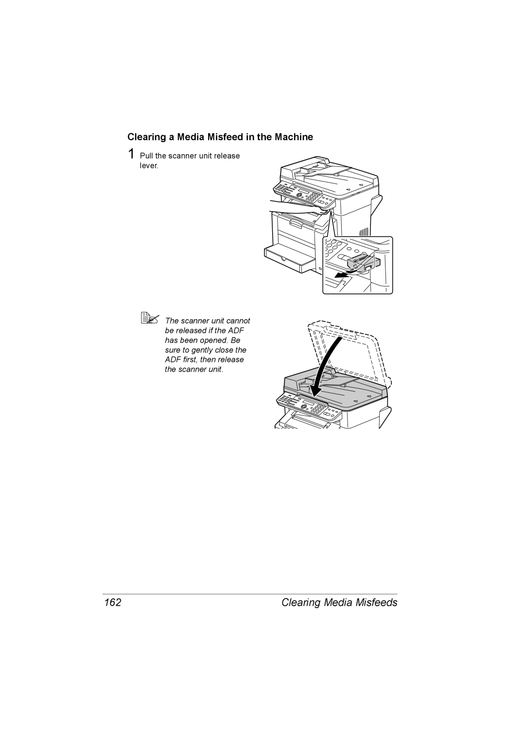 Konica Minolta C10 manual 162, Clearing a Media Misfeed in the Machine 