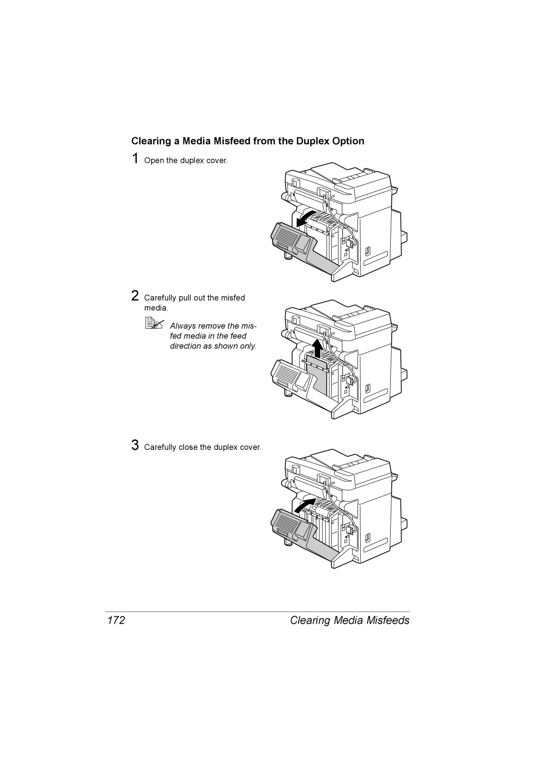 Konica Minolta C10 manual 172, Clearing a Media Misfeed from the Duplex Option 