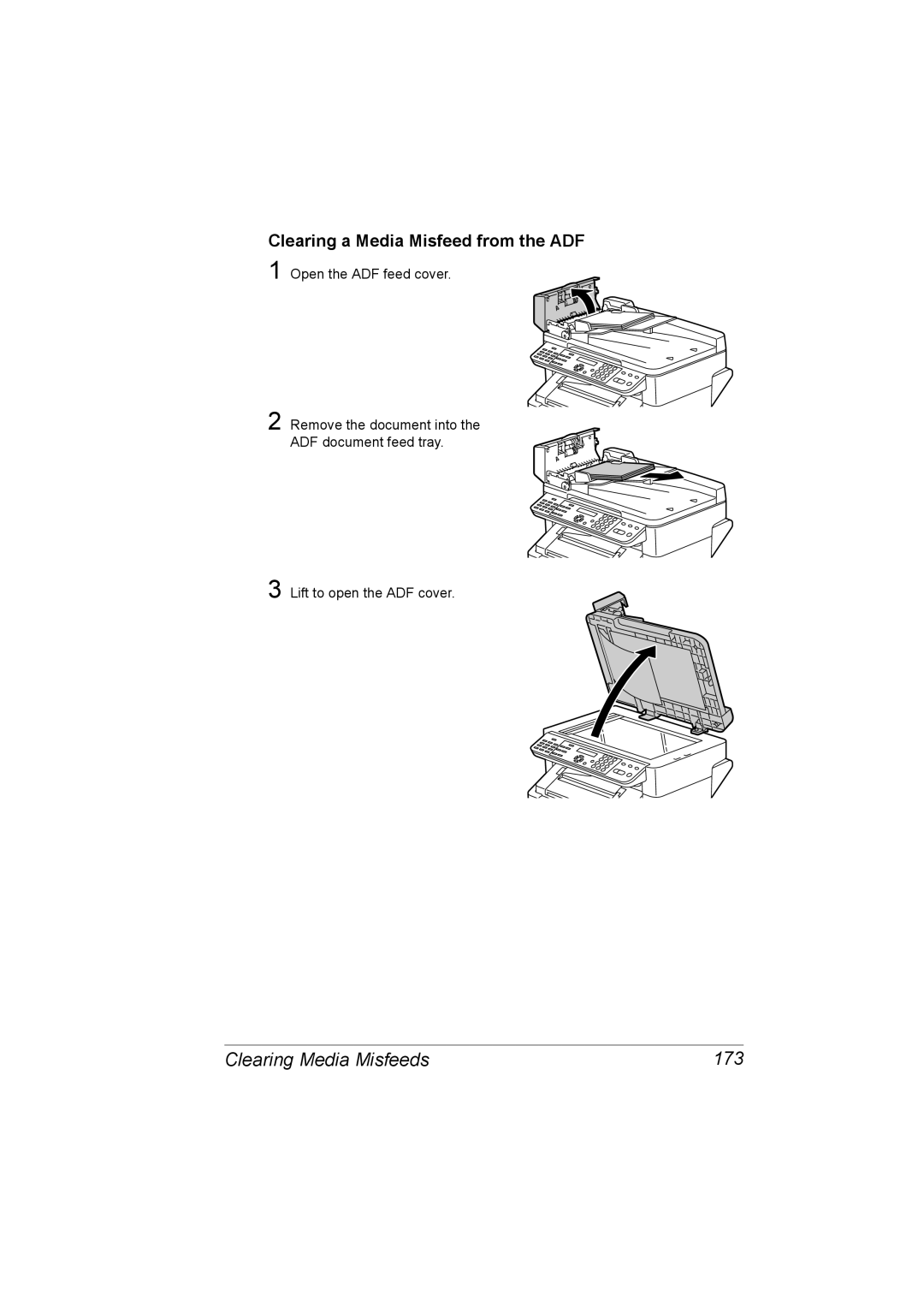 Konica Minolta C10 manual Clearing Media Misfeeds 173, Clearing a Media Misfeed from the ADF 