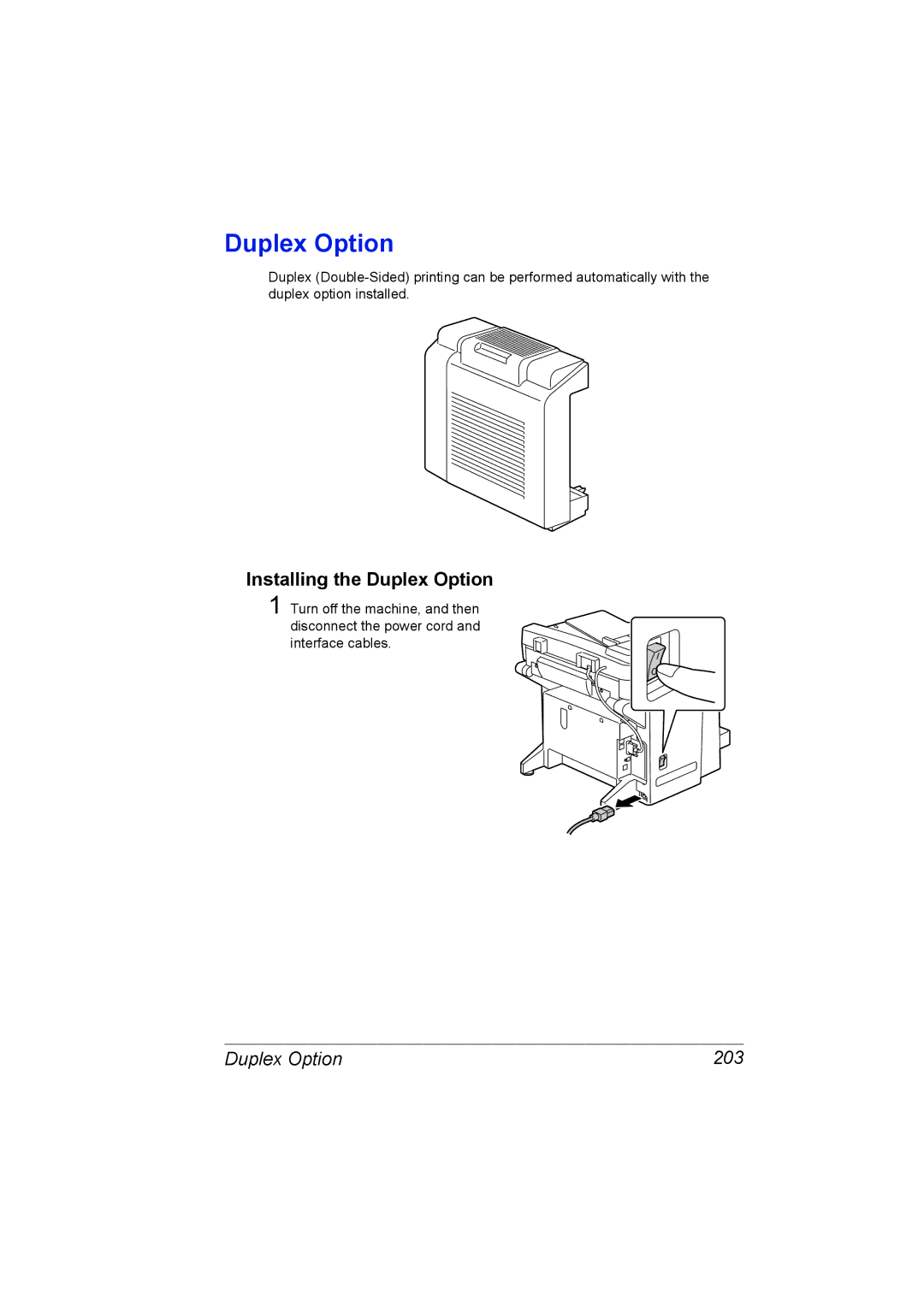 Konica Minolta C10 manual Installing the Duplex Option, Duplex Option 203 