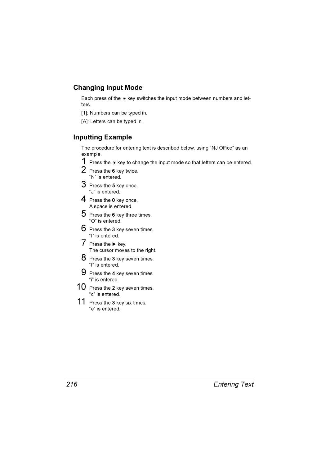 Konica Minolta C10 manual Changing Input Mode, Inputting Example, Entering Text 