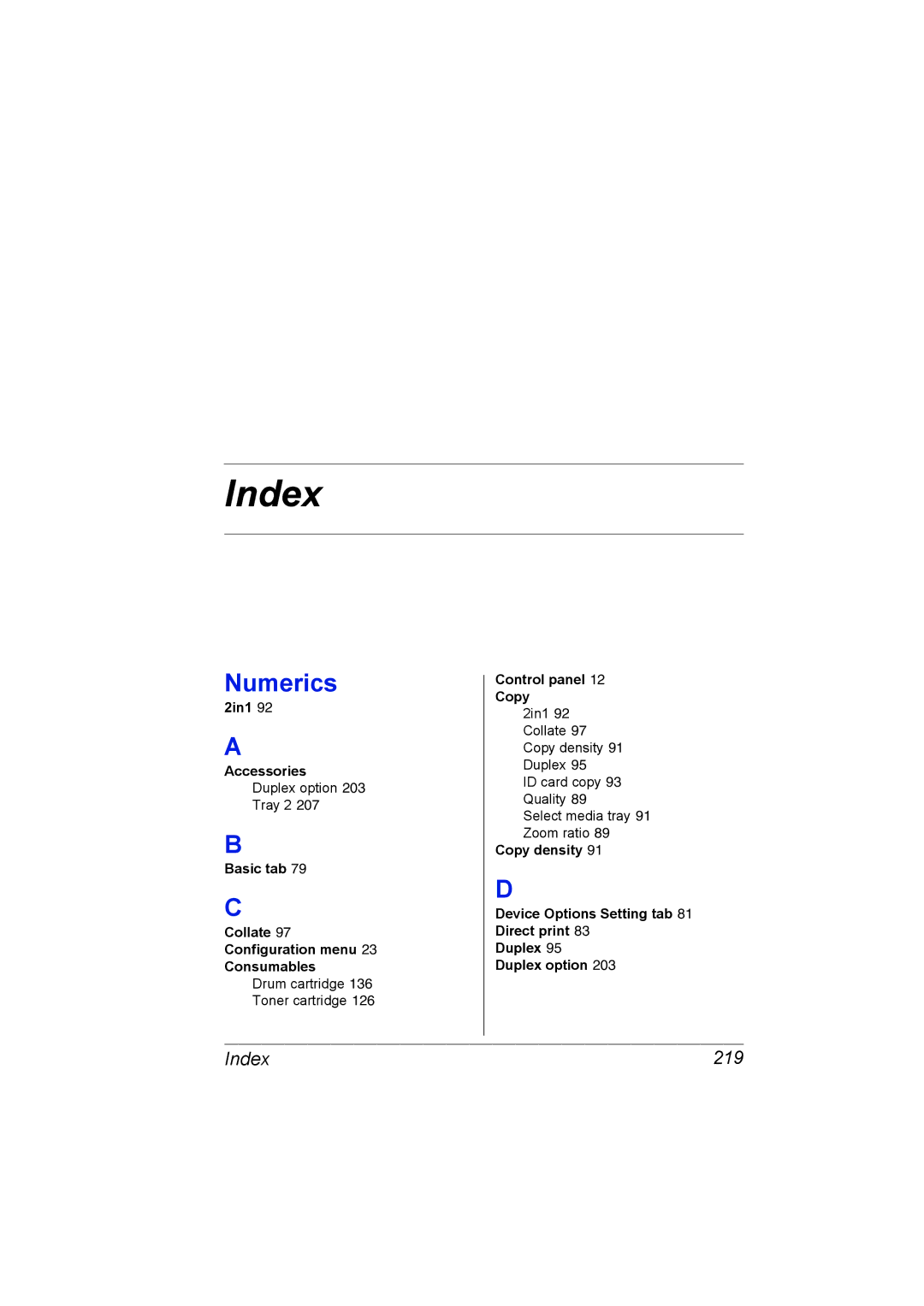 Konica Minolta C10 manual Numerics, Index 219, 2in1 Accessories, Basic tab Collate 97 Configuration menu Consumables 