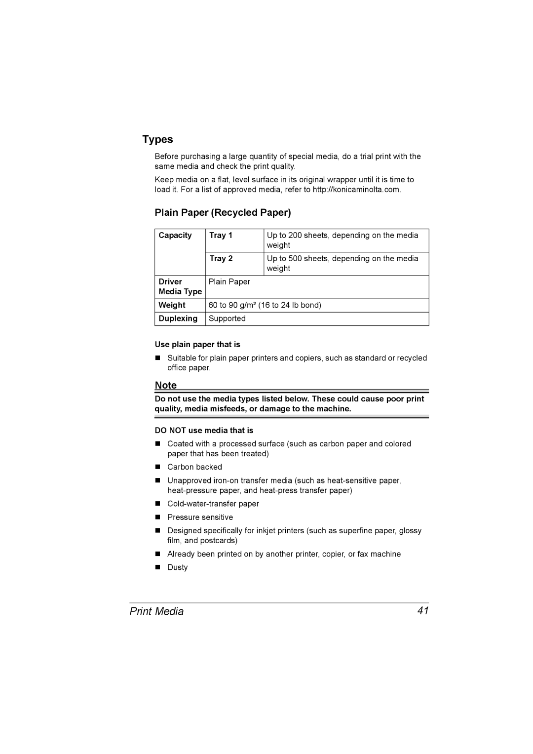 Konica Minolta C10 manual Types, Print Media, Plain Paper Recycled Paper 