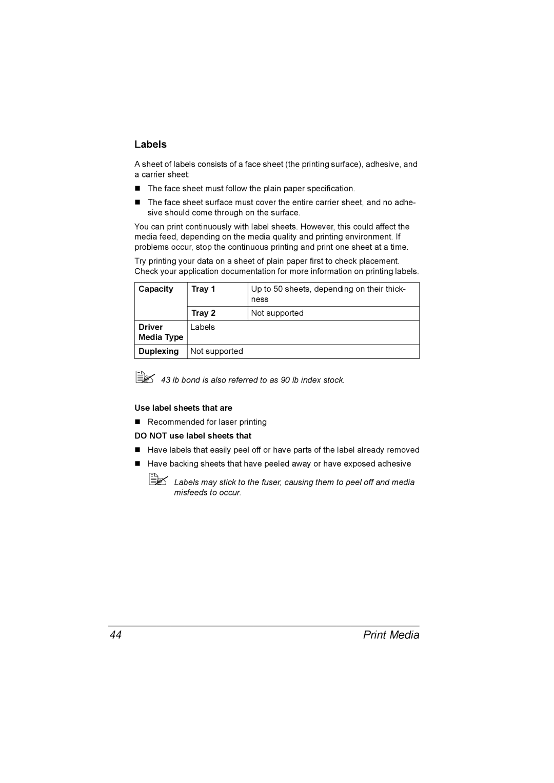 Konica Minolta C10 manual Labels, Use label sheets that are, Do not use label sheets that 