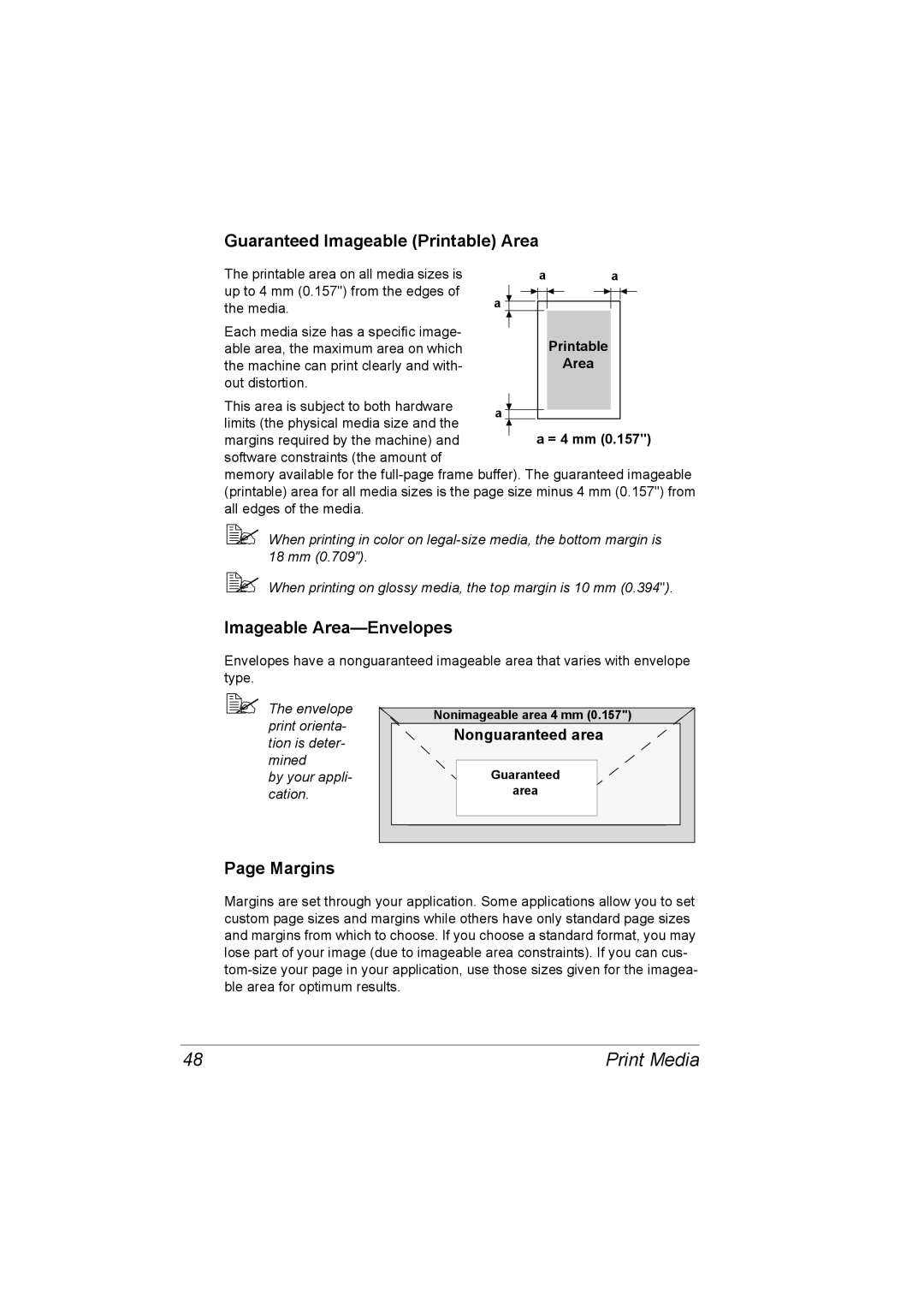 Konica Minolta C10 manual Guaranteed Imageable Printable Area, Imageable Area-Envelopes, Margins 