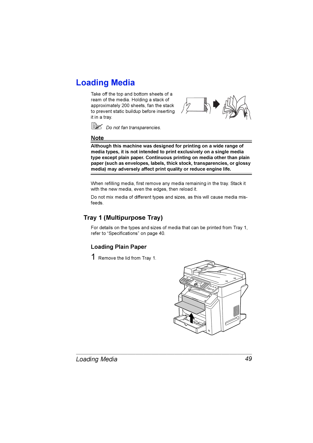 Konica Minolta C10 manual Loading Media, Tray 1 Multipurpose Tray, Loading Plain Paper 