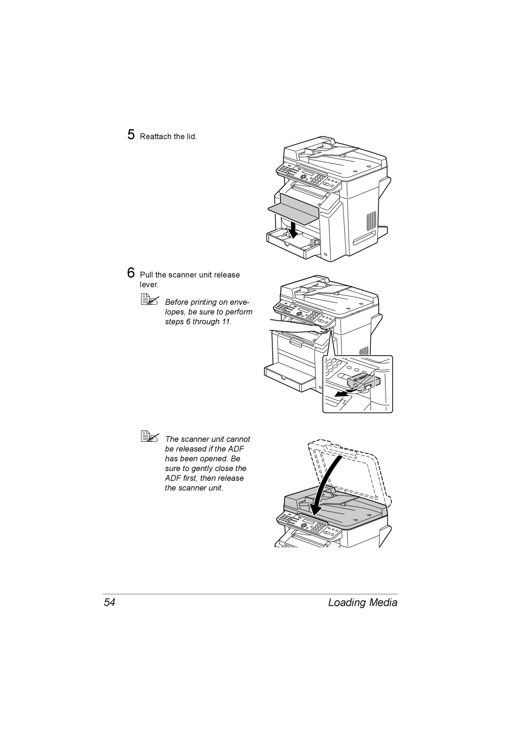 Konica Minolta C10 manual Reattach the lid Pull the scanner unit release lever 