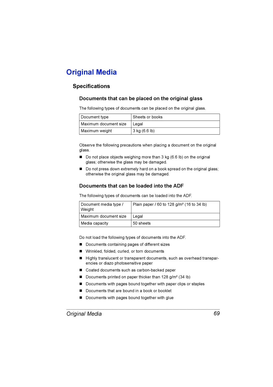 Konica Minolta C10 manual Original Media, Documents that can be placed on the original glass 