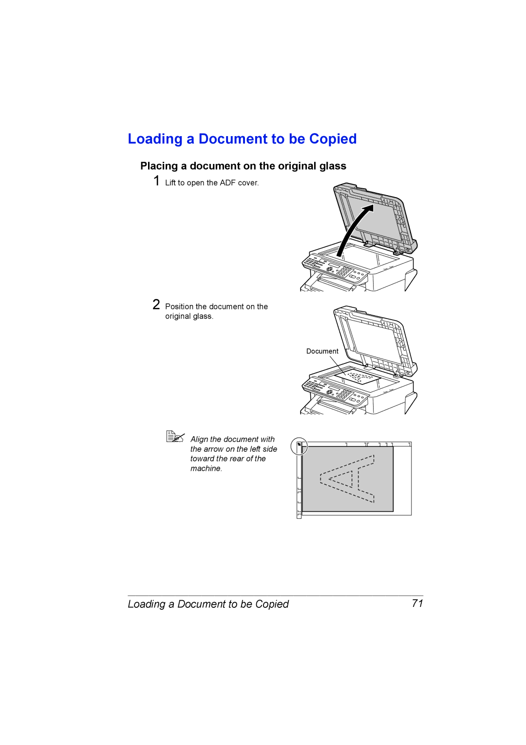 Konica Minolta C10 manual Loading a Document to be Copied, Placing a document on the original glass 