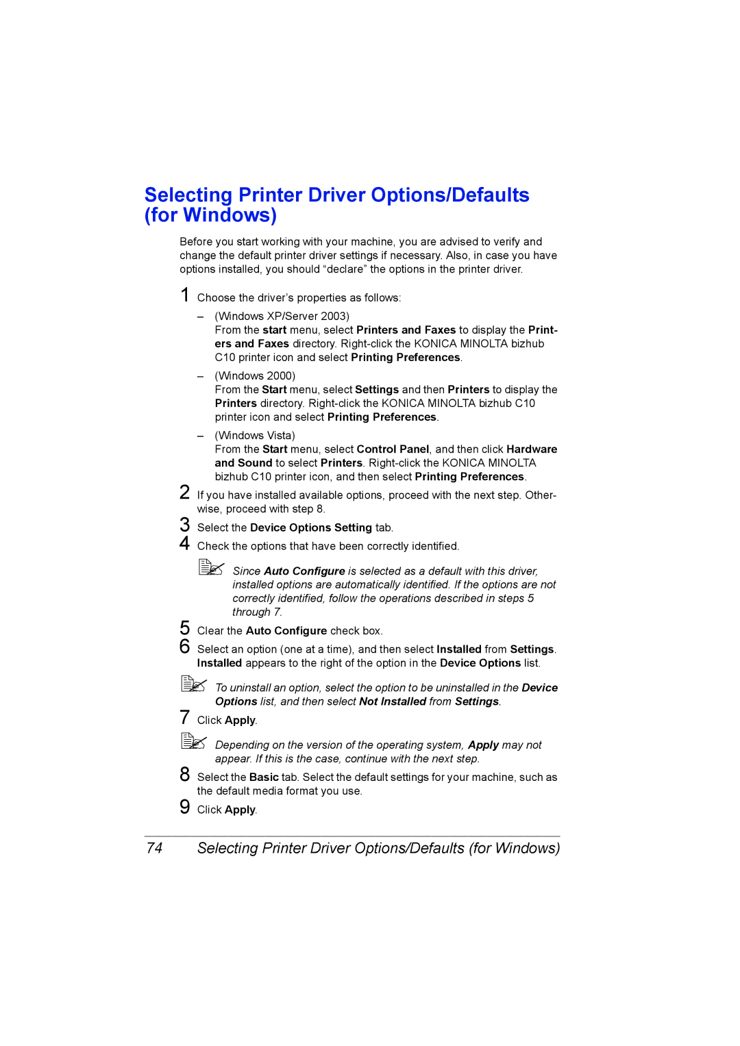 Konica Minolta C10 manual Selecting Printer Driver Options/Defaults for Windows, Select the Device Options Setting tab 