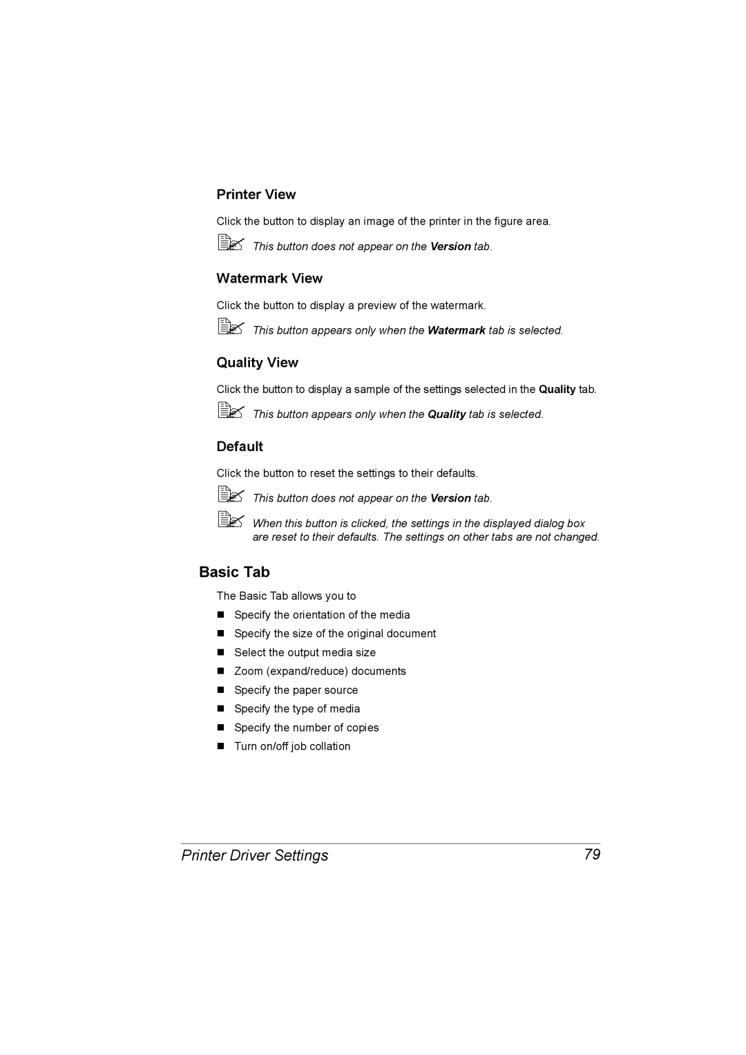 Konica Minolta C10 manual Basic Tab, Printer View, Watermark View, Quality View, Default 