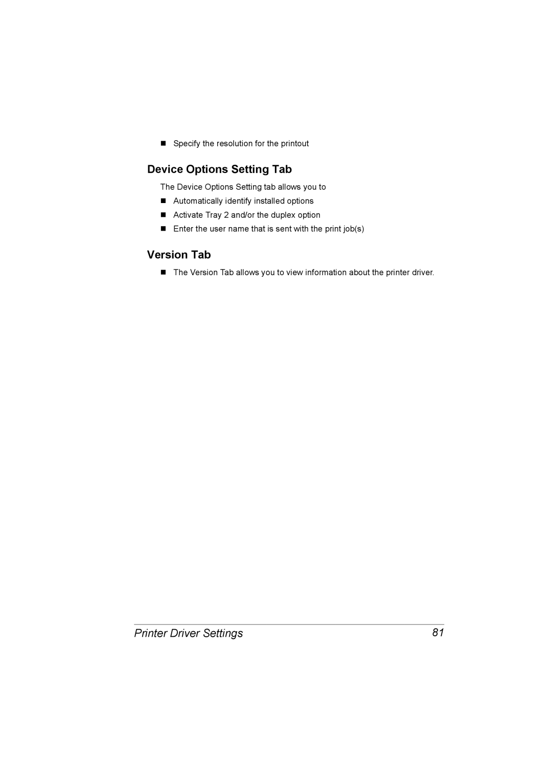 Konica Minolta C10 manual Device Options Setting Tab, Version Tab 