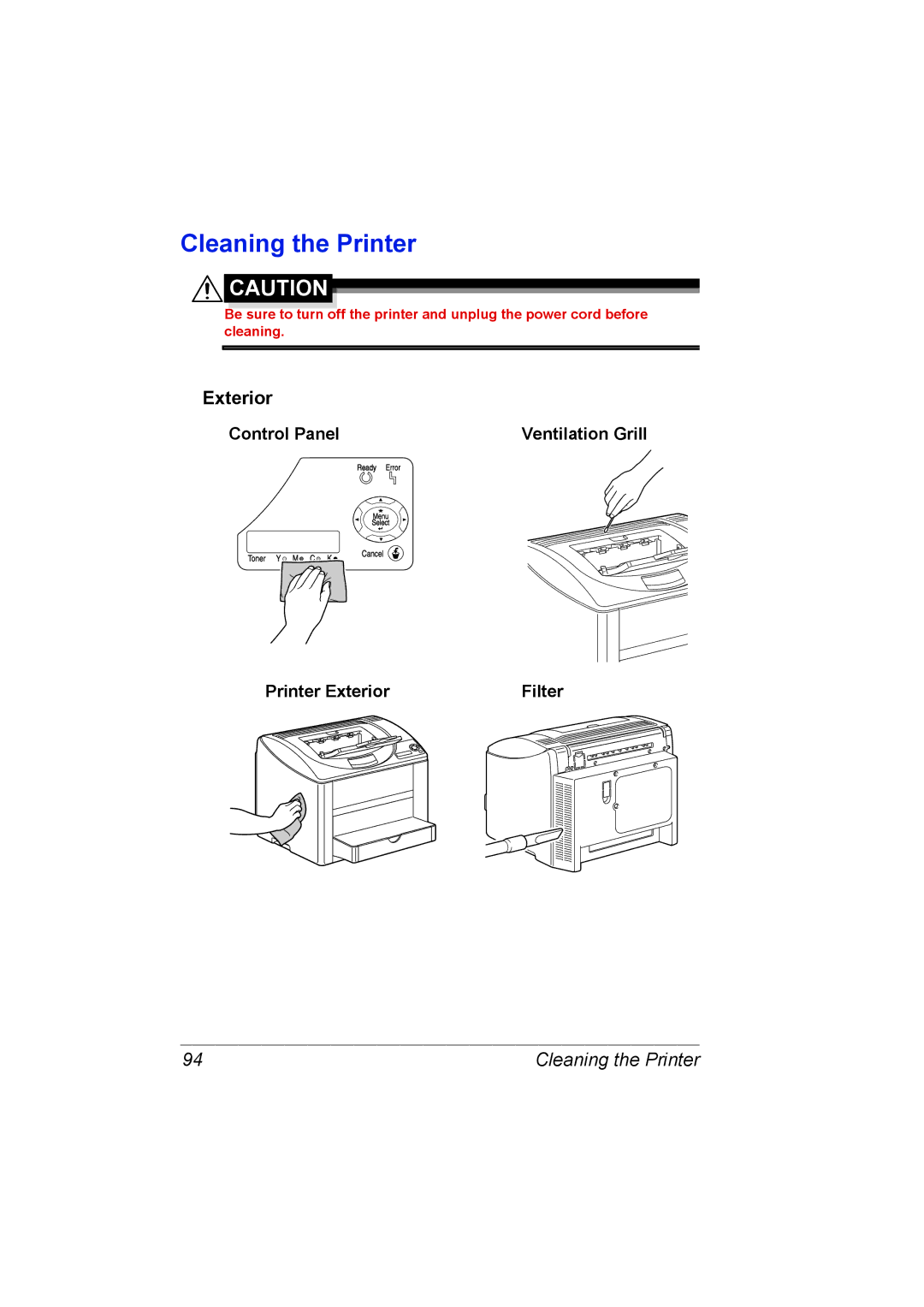 Konica Minolta C10P manual Cleaning the Printer, Control Panel, Printer Exterior 