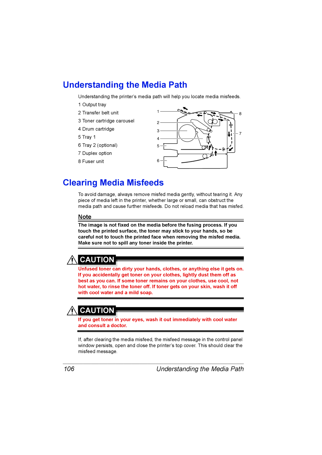 Konica Minolta C10P manual Understanding the Media Path, Clearing Media Misfeeds, 106 