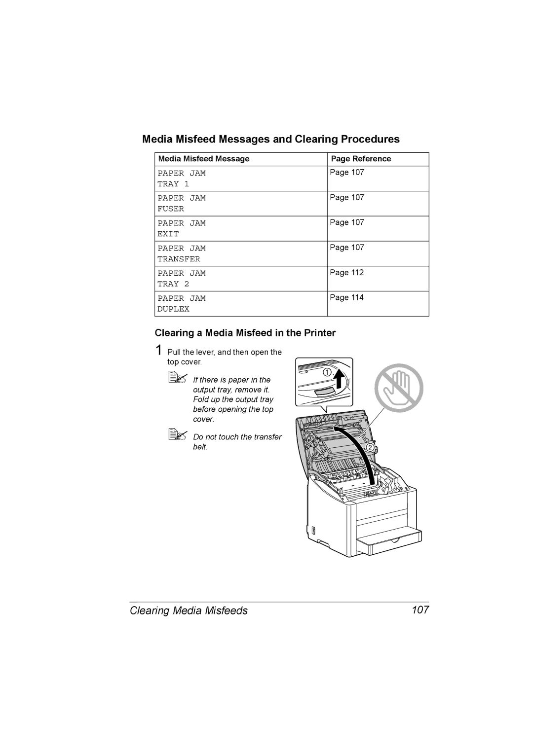 Konica Minolta C10P manual Media Misfeed Messages and Clearing Procedures, Clearing Media Misfeeds 107 