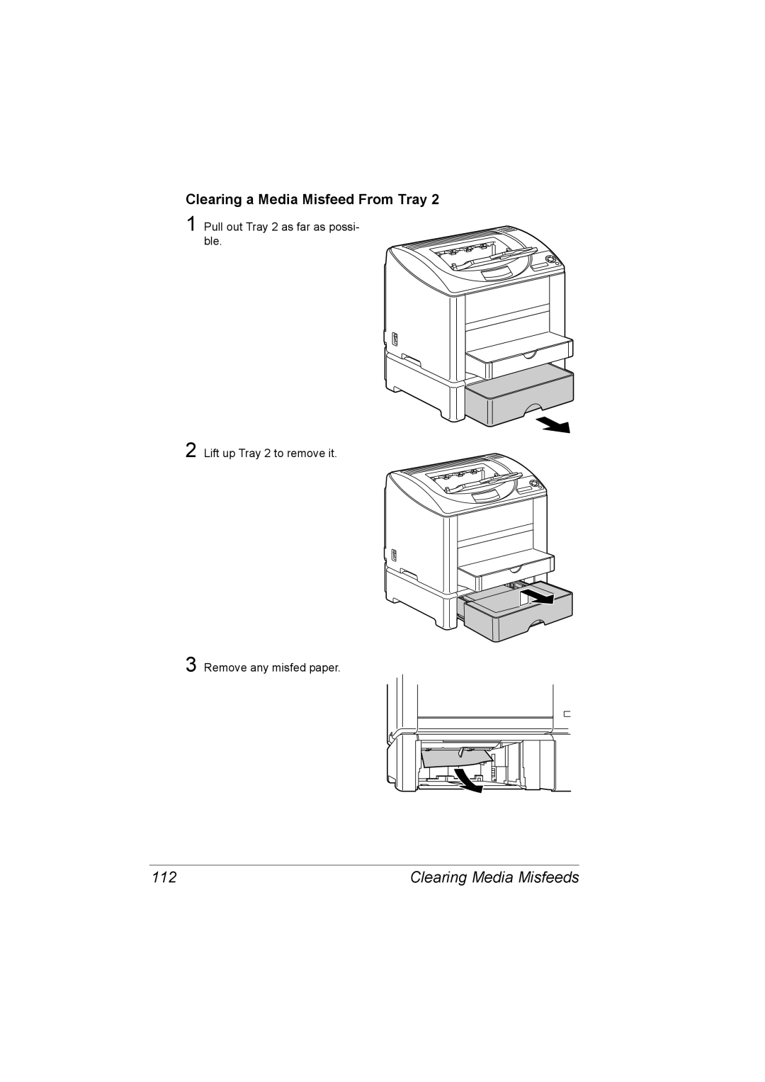 Konica Minolta C10P manual 112, Clearing a Media Misfeed From Tray 