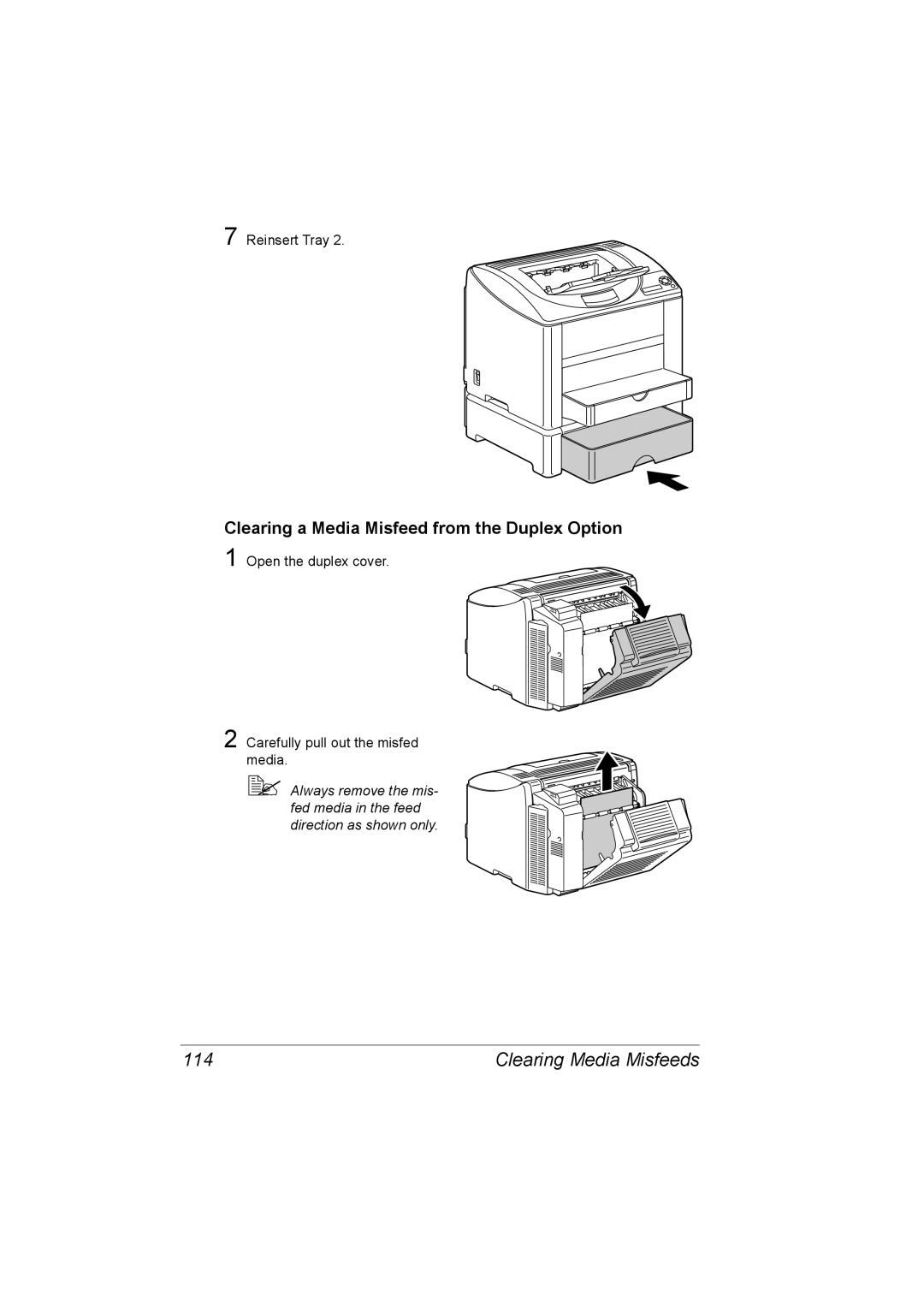 Konica Minolta C10P manual 114, Clearing a Media Misfeed from the Duplex Option 