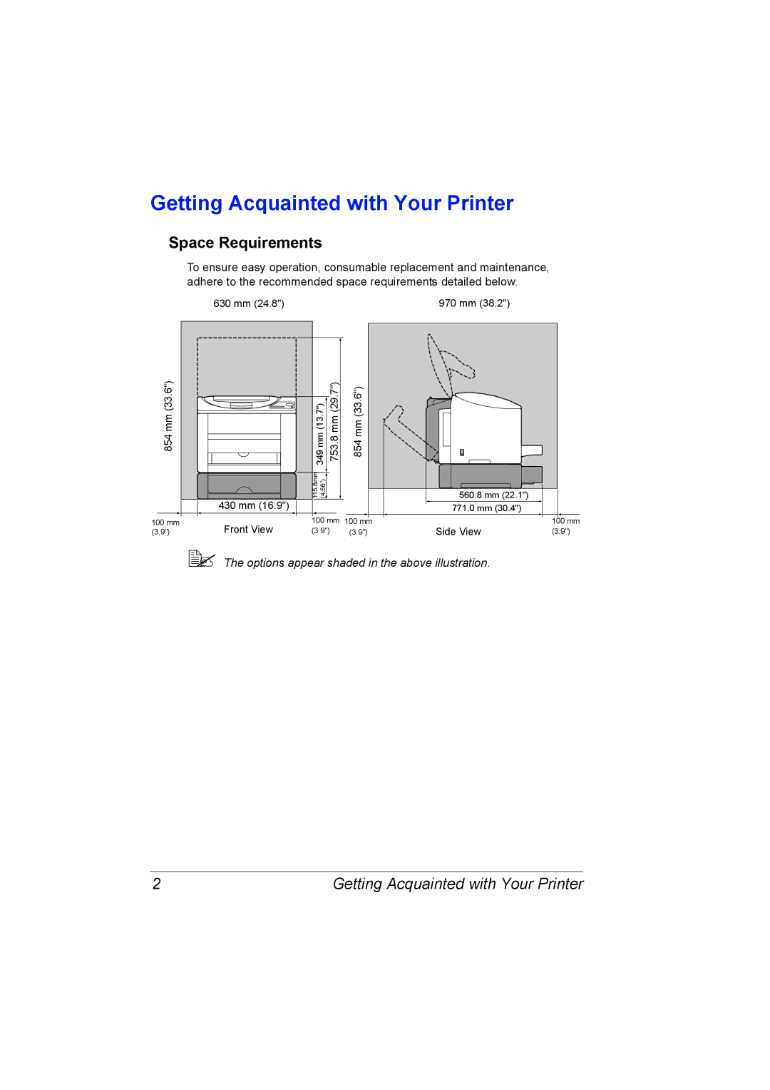 Konica Minolta C10P manual Getting Acquainted with Your Printer, Space Requirements 