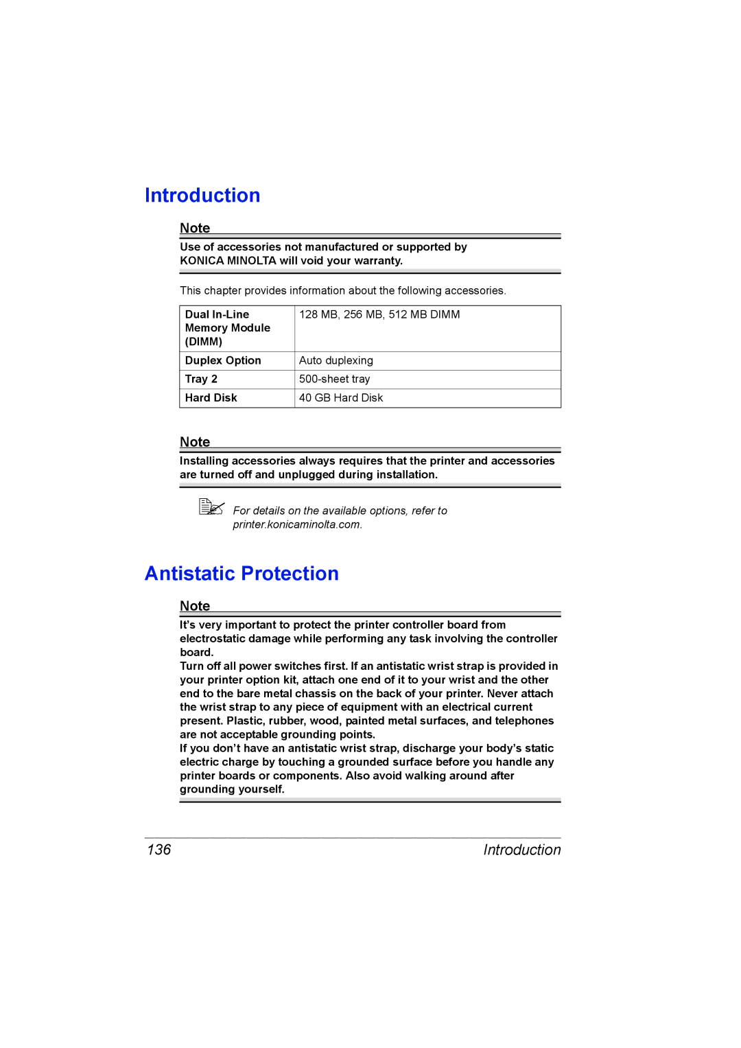 Konica Minolta C10P manual Antistatic Protection, Introduction, Dual In-Line 128 MB, 256 MB, 512 MB Dimm Memory Module 