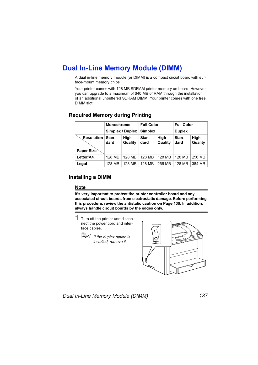 Konica Minolta C10P manual Dual In-Line Memory Module Dimm, Required Memory during Printing, Installing a Dimm 