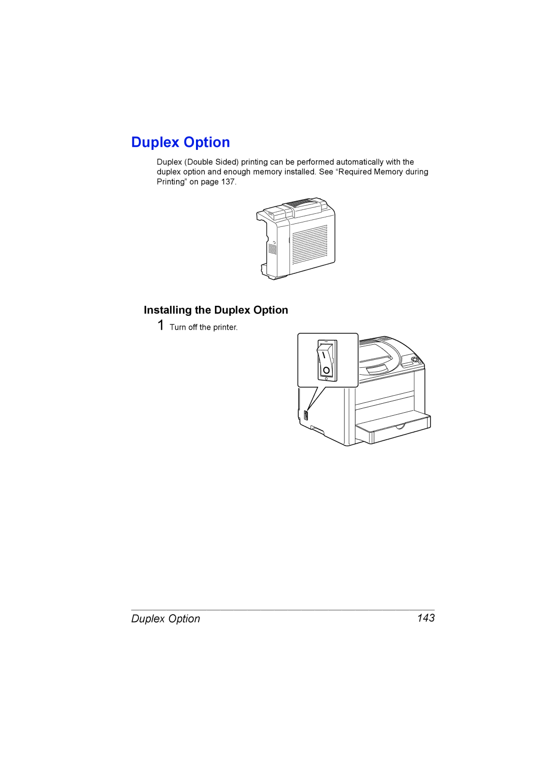 Konica Minolta C10P manual Installing the Duplex Option, Duplex Option 143 