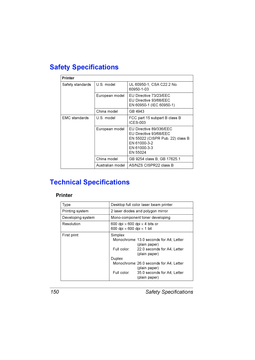 Konica Minolta C10P manual Safety Specifications, Technical Specifications, Printer 