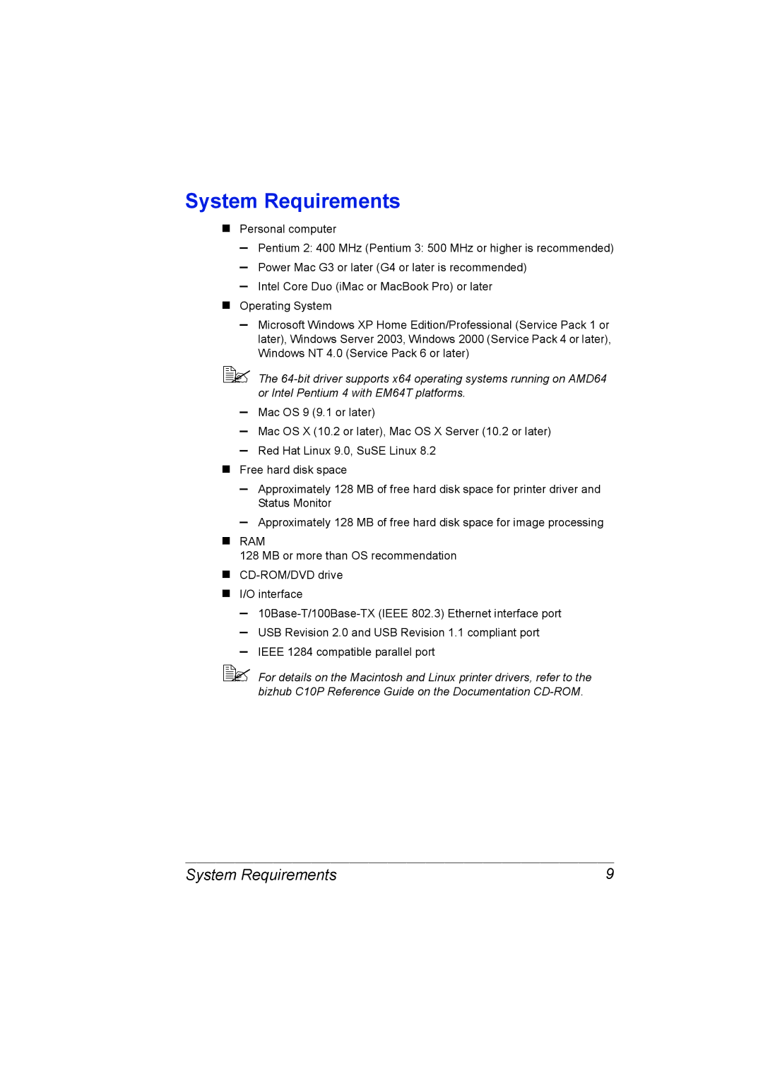 Konica Minolta C10P manual System Requirements 