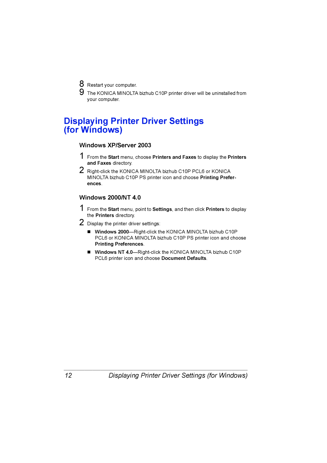 Konica Minolta C10P manual Displaying Printer Driver Settings for Windows, Windows XP/Server, Windows 2000/NT 