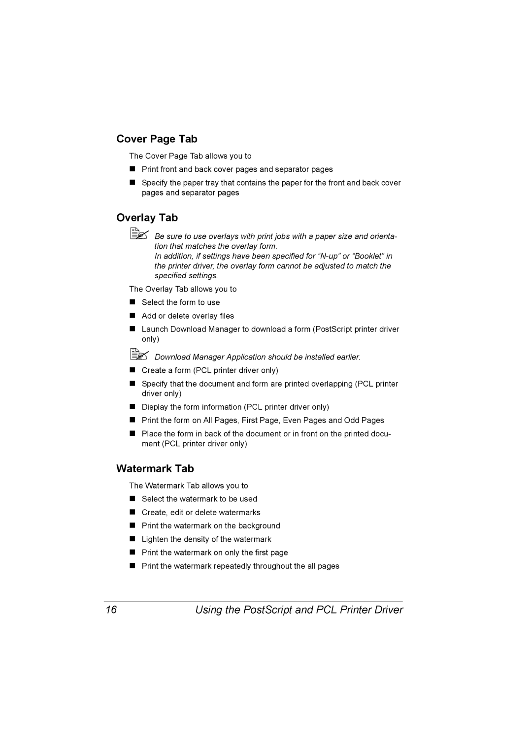 Konica Minolta C10P manual Cover Page Tab, Overlay Tab, Watermark Tab 