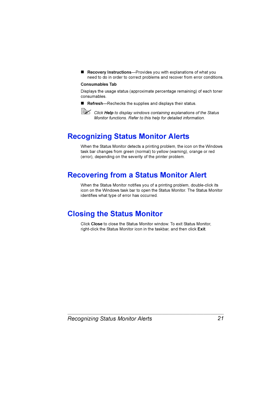 Konica Minolta C10P Recognizing Status Monitor Alerts, Recovering from a Status Monitor Alert, Closing the Status Monitor 