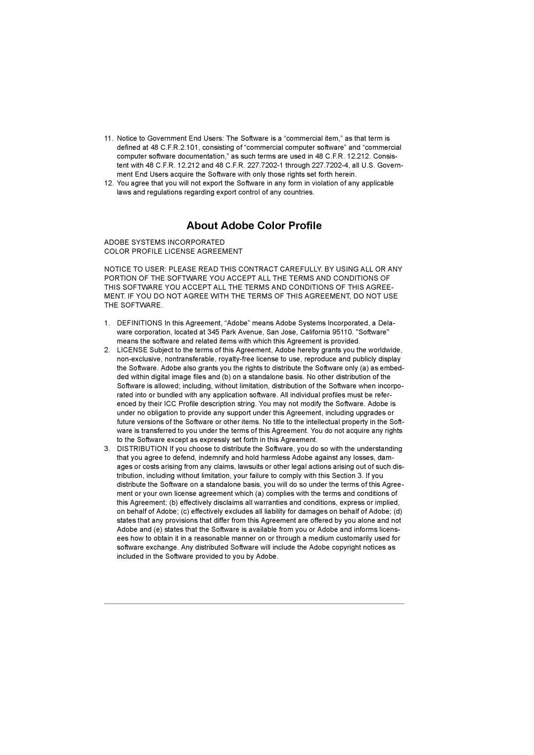 Konica Minolta C10P manual About Adobe Color Profile, Adobe Systems Incorporated Color Profile License Agreement 