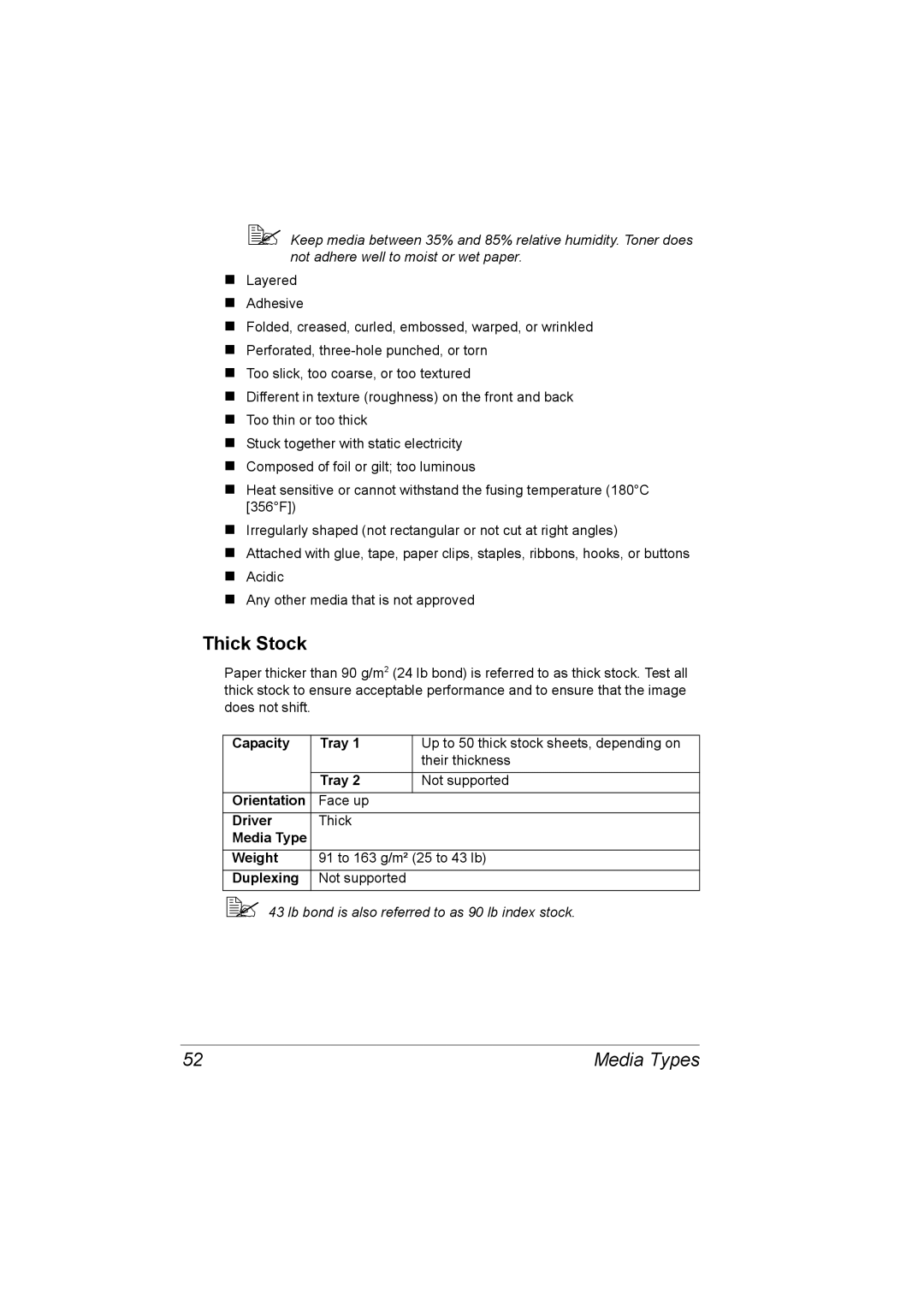 Konica Minolta C10P manual Thick Stock, Media Types 