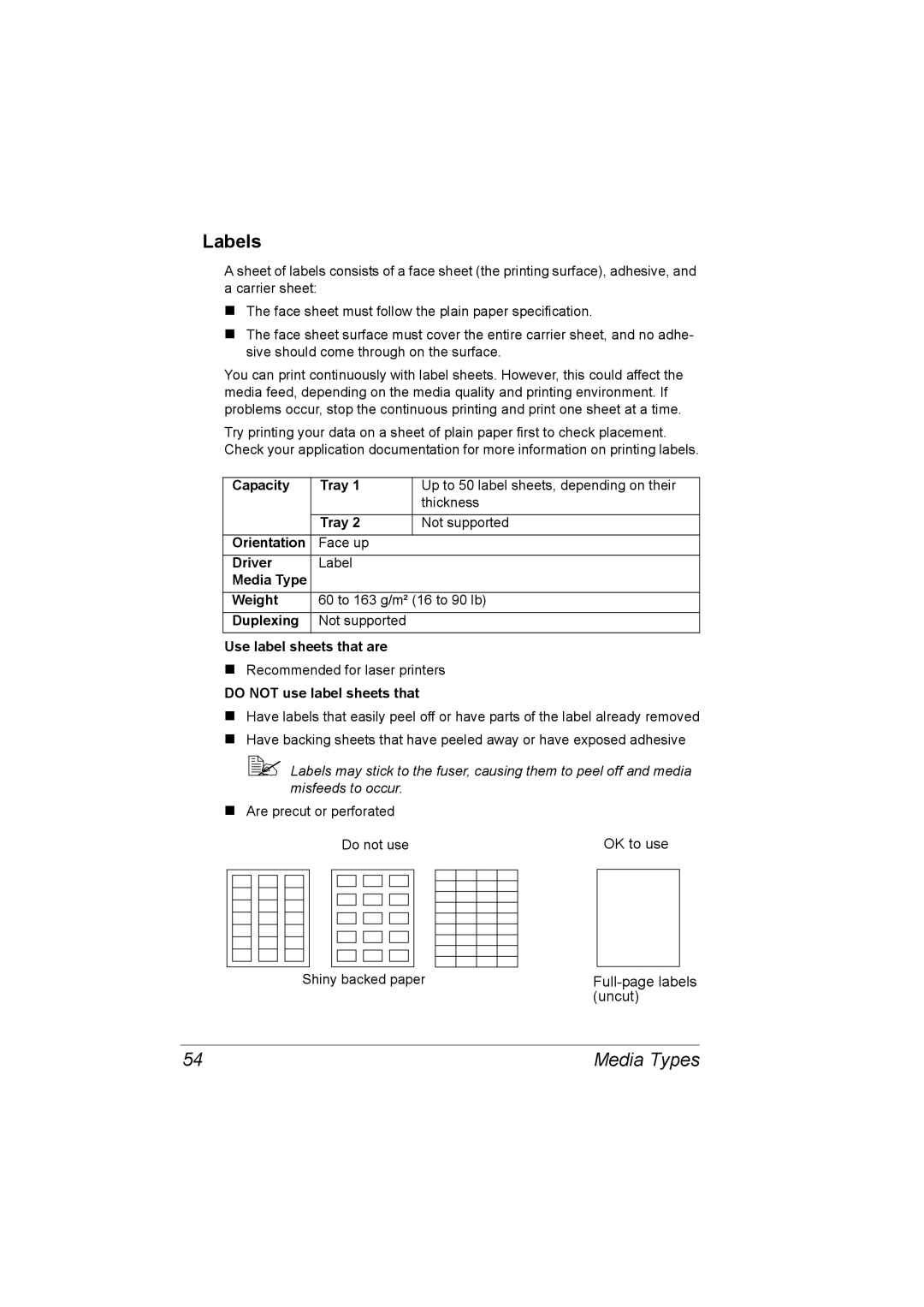 Konica Minolta C10P manual Labels, Do not use label sheets that 