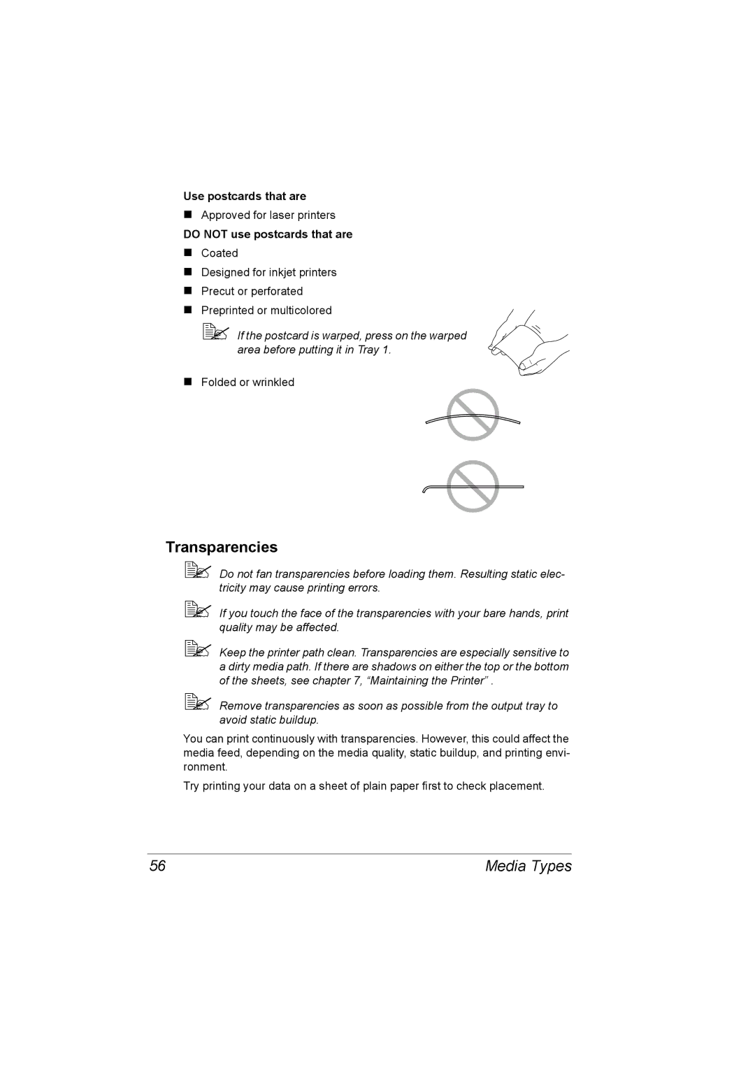 Konica Minolta C10P manual Transparencies, Use postcards that are, Do not use postcards that are 