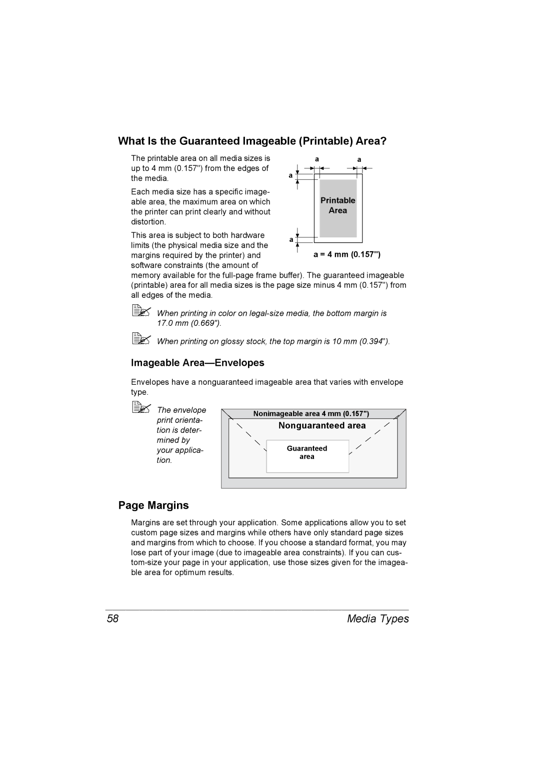 Konica Minolta C10P manual What Is the Guaranteed Imageable Printable Area?, Margins, Imageable Area-Envelopes 