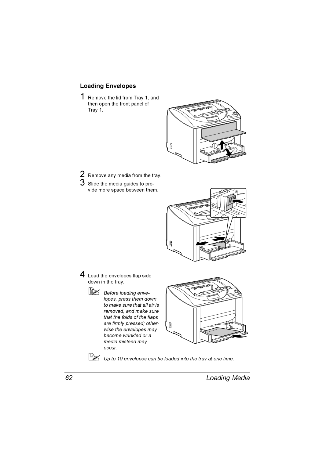 Konica Minolta C10P manual Loading Envelopes,  Before loading enve- lopes, press them down 