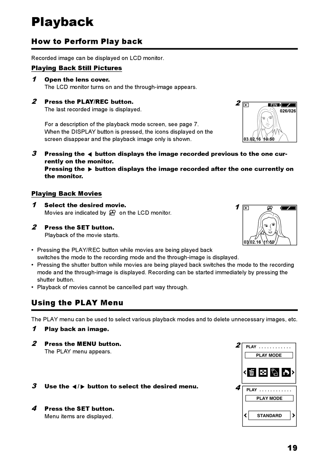 Konica Minolta C2 warranty How to Perform Play back, Using the Play Menu, Playing Back Still Pictures, Playing Back Movies 